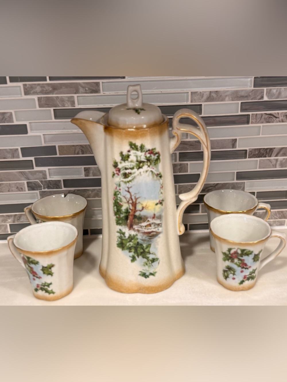 Vintage Victorian Trading Company Chocolate Pot & 4 Cups Moonlit Cottage Scene